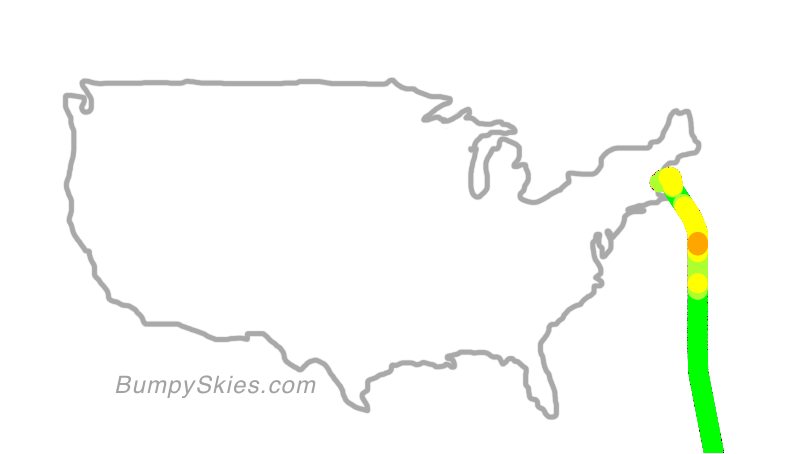 Map of continental US with illustrated flight path and turbulence forecast (described in text below)