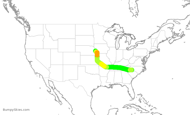 Turbulence forecast map for AAL9613, CLT to OMA