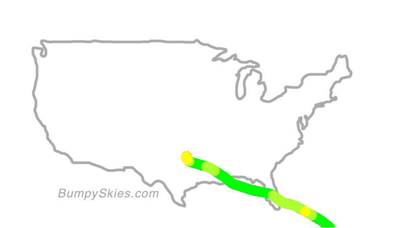 Map of continental US with illustrated flight path and turbulence forecast (described in text below)