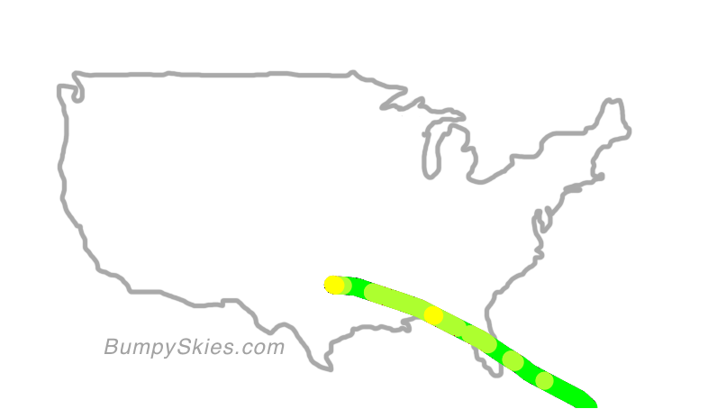 Map of continental US with illustrated flight path and turbulence forecast (described in text below)