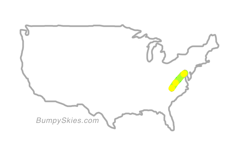 Map of continental US with illustrated flight path and turbulence forecast (described in text below)