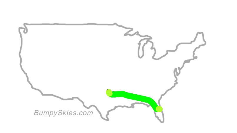 Map of continental US with illustrated flight path and turbulence forecast (described in text below)