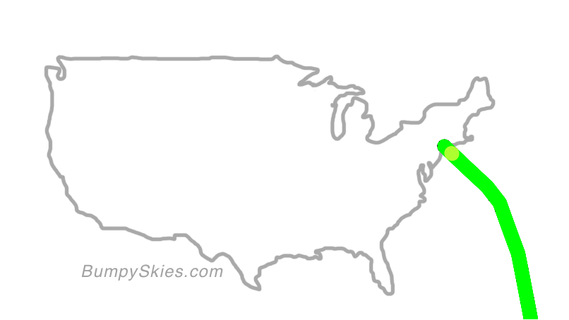 Map of continental US with illustrated flight path and turbulence forecast (described in text below)