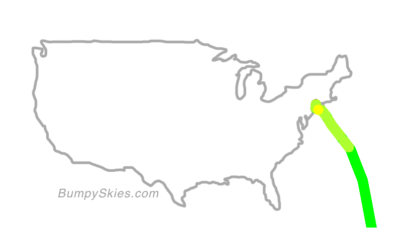 Map of continental US with illustrated flight path and turbulence forecast (described in text below)