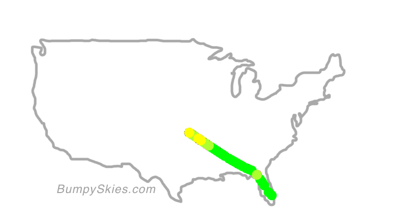 Map of continental US with illustrated flight path and turbulence forecast (described in text below)