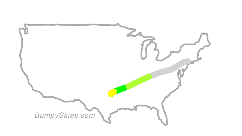 Map of continental US with illustrated flight path and turbulence forecast (described in text below)