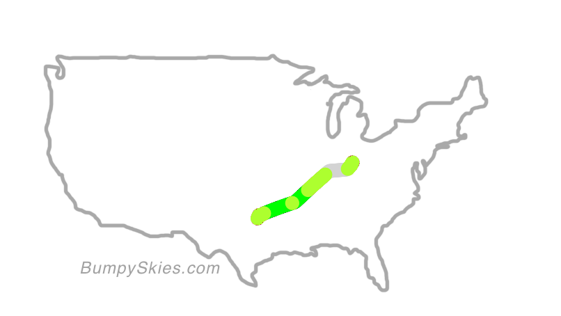 Map of continental US with illustrated flight path and turbulence forecast (described in text below)