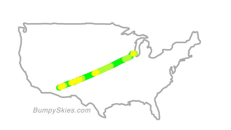Map of continental US with illustrated flight path and turbulence forecast (described in text below)