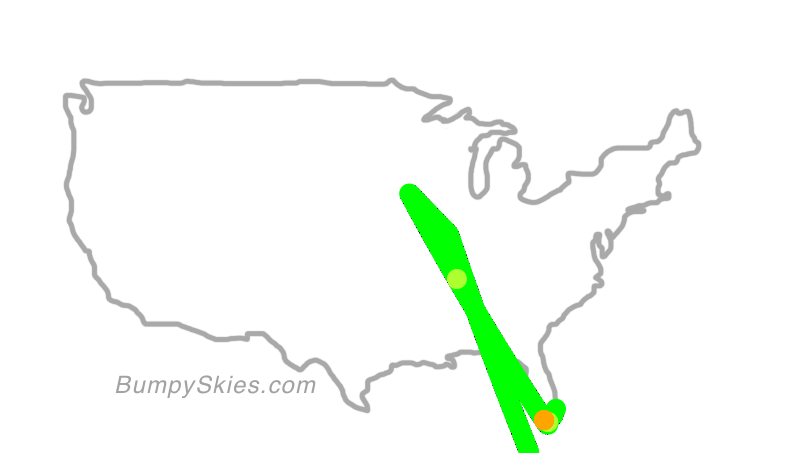 Map of continental US with illustrated flight path and turbulence forecast (described in text below)