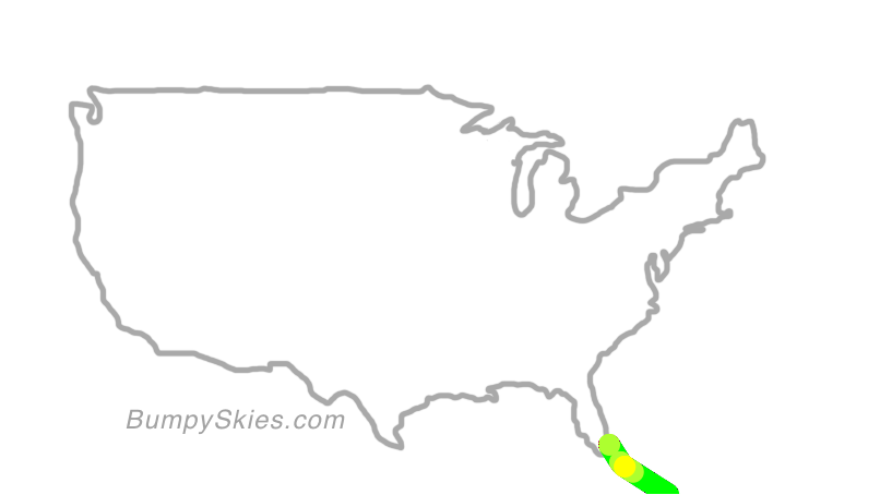 Map of continental US with illustrated flight path and turbulence forecast (described in text below)