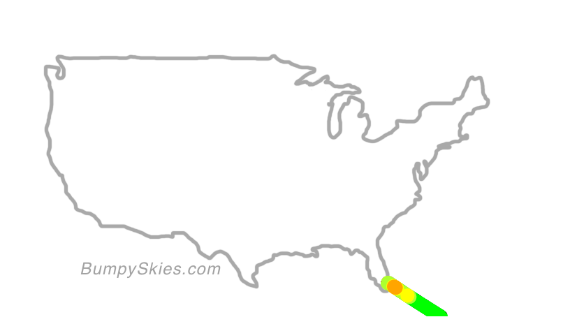 Map of continental US with illustrated flight path and turbulence forecast (described in text below)