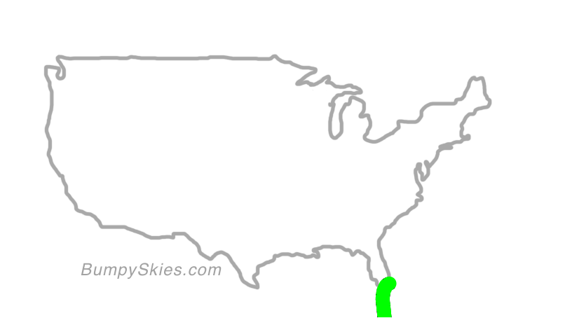 Map of continental US with illustrated flight path and turbulence forecast (described in text below)