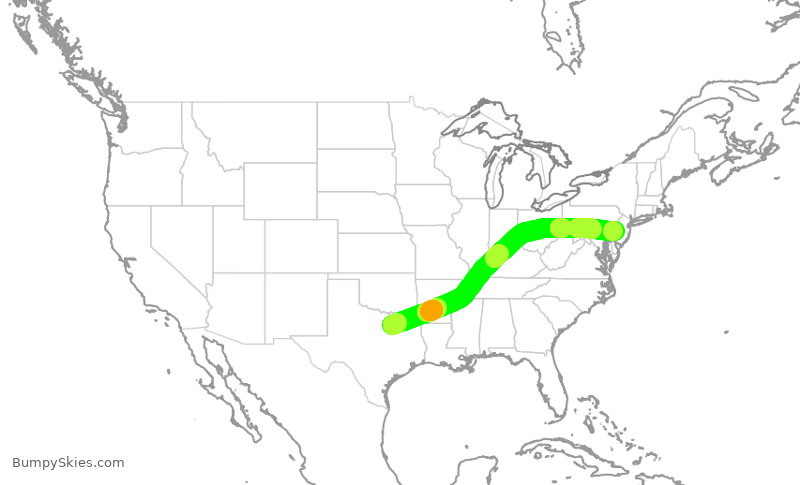 Turbulence forecast map for AAL991, DFW to PHL