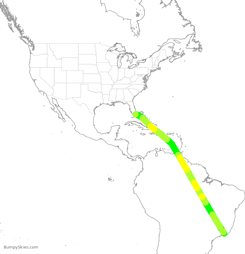 Turbulence forecast map for AAL991, MIA to GIG