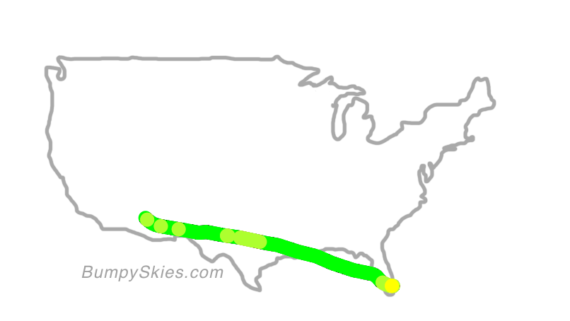 Map of continental US with illustrated flight path and turbulence forecast (described in text below)