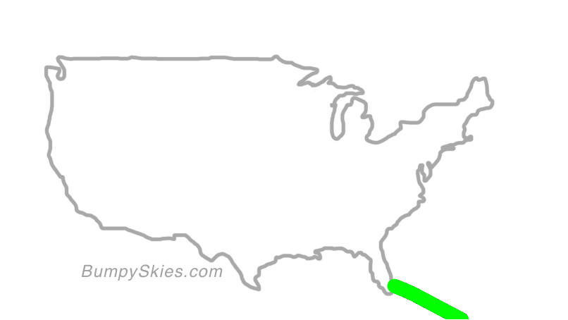 Map of continental US with illustrated flight path and turbulence forecast (described in text below)
