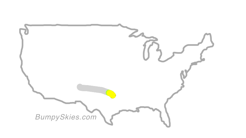 Map of continental US with illustrated flight path and turbulence forecast (described in text below)
