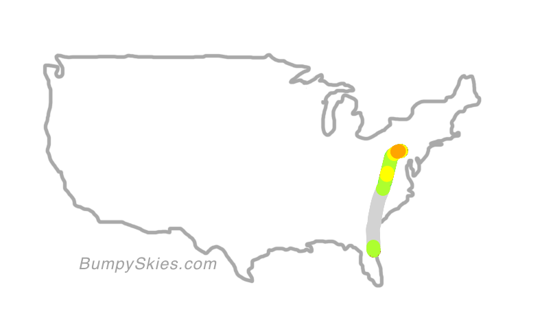 Map of continental US with illustrated flight path and turbulence forecast (described in text below)