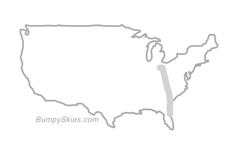 Map of continental US with illustrated flight path and turbulence forecast (described in text below)