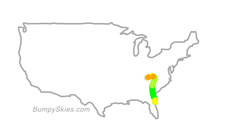 Map of continental US with illustrated flight path and turbulence forecast (described in text below)
