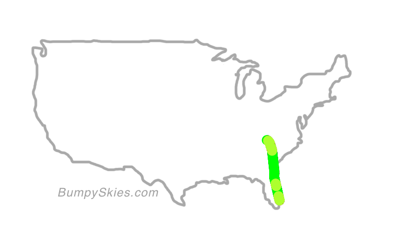 Map of continental US with illustrated flight path and turbulence forecast (described in text below)