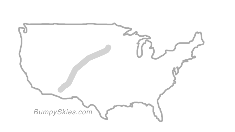 Map of continental US with illustrated flight path and turbulence forecast (described in text below)