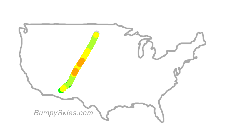 Map of continental US with illustrated flight path and turbulence forecast (described in text below)