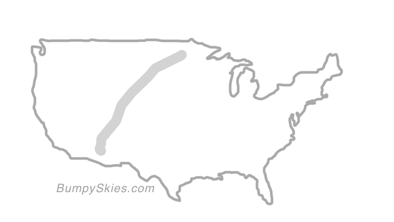 Map of continental US with illustrated flight path and turbulence forecast (described in text below)