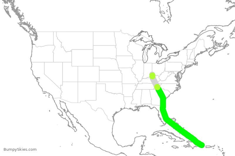 Turbulence forecast map for AAY7008, CVG to DPC
