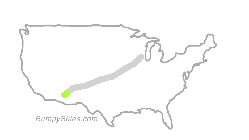 Map of continental US with illustrated flight path and turbulence forecast (described in text below)