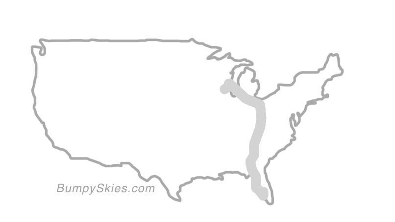 Map of continental US with illustrated flight path and turbulence forecast (described in text below)
