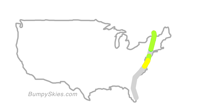 Map of continental US with illustrated flight path and turbulence forecast (described in text below)