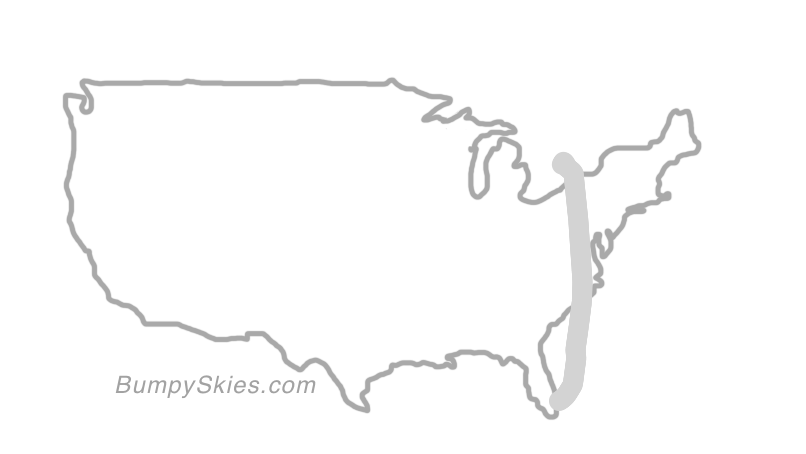 Map of continental US with illustrated flight path and turbulence forecast (described in text below)