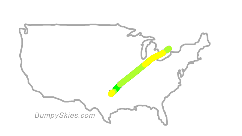 Map of continental US with illustrated flight path and turbulence forecast (described in text below)