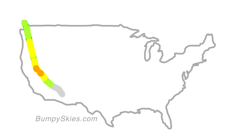 Map of continental US with illustrated flight path and turbulence forecast (described in text below)