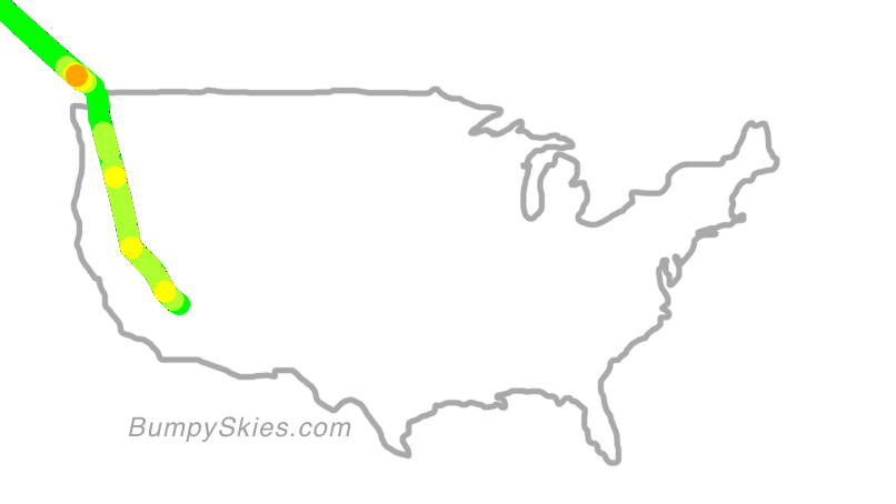Map of continental US with illustrated flight path and turbulence forecast (described in text below)