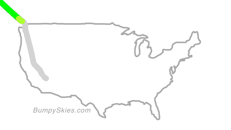 Map of continental US with illustrated flight path and turbulence forecast (described in text below)
