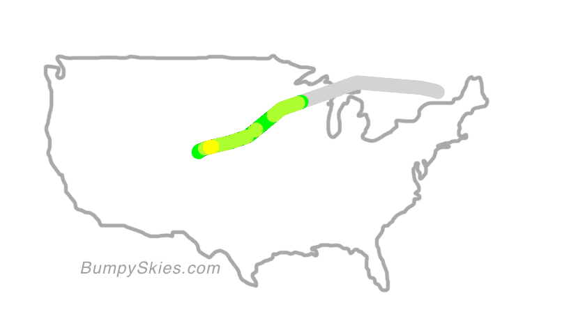 Map of continental US with illustrated flight path and turbulence forecast (described in text below)