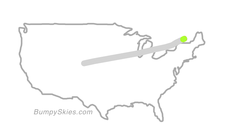 Map of continental US with illustrated flight path and turbulence forecast (described in text below)