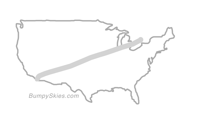 Map of continental US with illustrated flight path and turbulence forecast (described in text below)