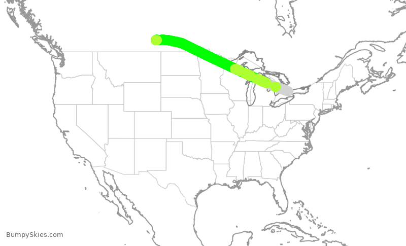 Turbulence forecast map for ACA1113, YYZ to YQR