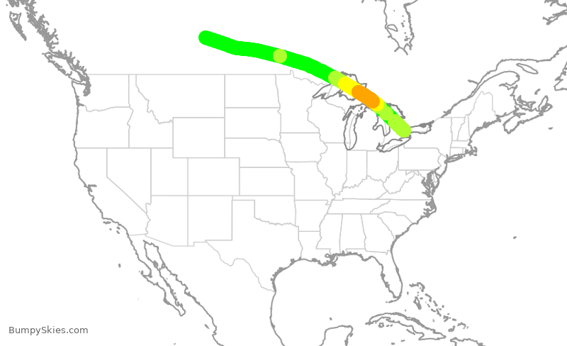 Turbulence forecast map for ACA1120, YXE to YYZ