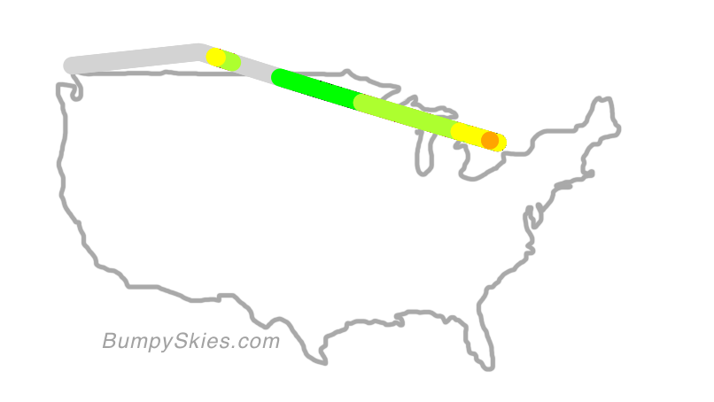 Map of continental US with illustrated flight path and turbulence forecast (described in text below)
