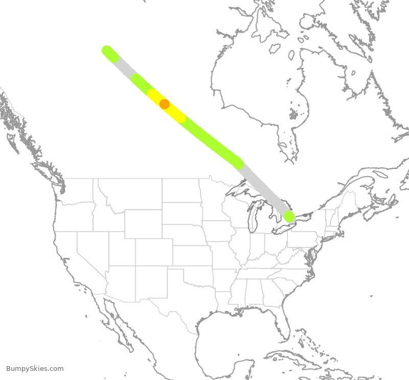 Turbulence forecast map for ACA1168, YZF to YYZ