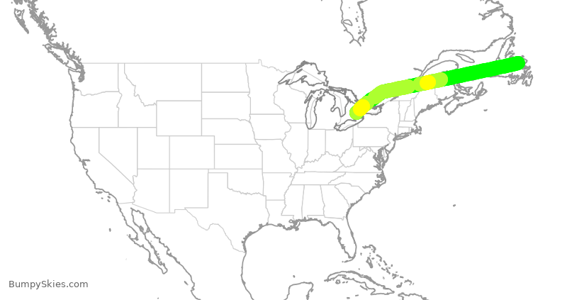 Turbulence forecast map for ACA1171, YQX to YYZ