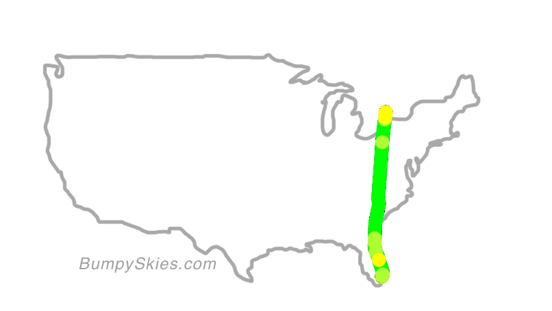Map of continental US with illustrated flight path and turbulence forecast (described in text below)