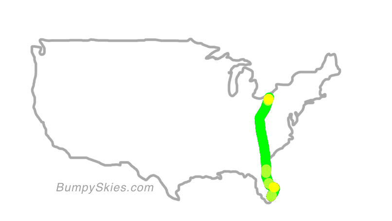 Map of continental US with illustrated flight path and turbulence forecast (described in text below)