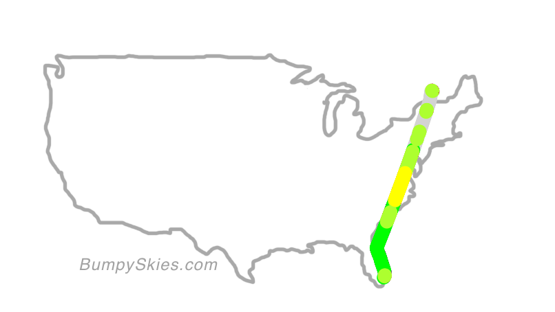 Map of continental US with illustrated flight path and turbulence forecast (described in text below)