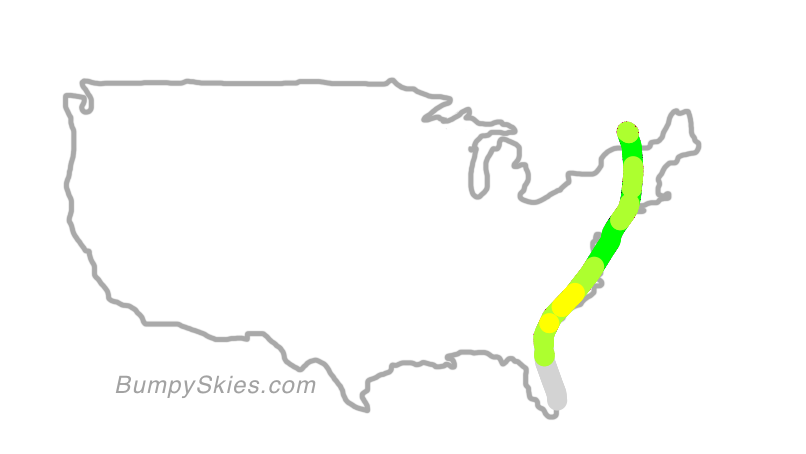 Map of continental US with illustrated flight path and turbulence forecast (described in text below)