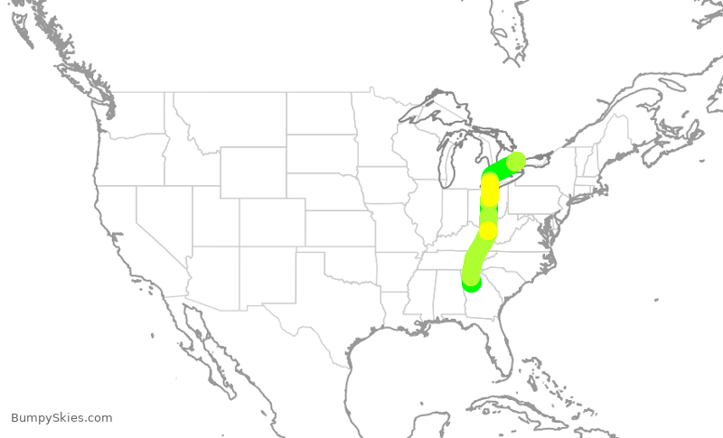 Turbulence forecast map for ACA1222, ATL to YYZ